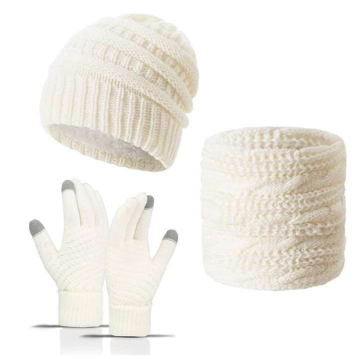 Set caciula si manusi pentru femei, PHIKER, design clasic, captuseala calda, alb, dimensiune universala