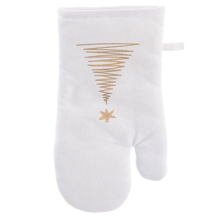 Ünnepi konyhai kesztyű, Artemis, fenyőfa minta, fehér, 17x32,5cm, akasztóval