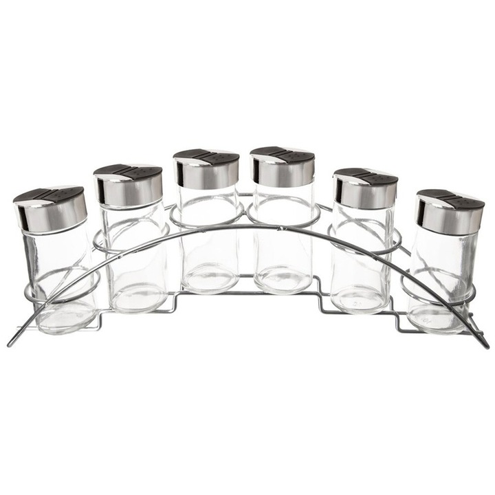 Set Suport Condimente Orion, 7 Piese, Metal, Sticla, 33x6x10cm, Transparent, Capacitate 100ml