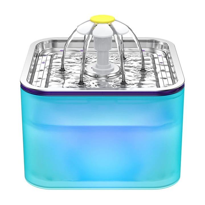 Macska szökőkút, 3L, rozsdamentes acél, LED, zöld, 15x14x10cm