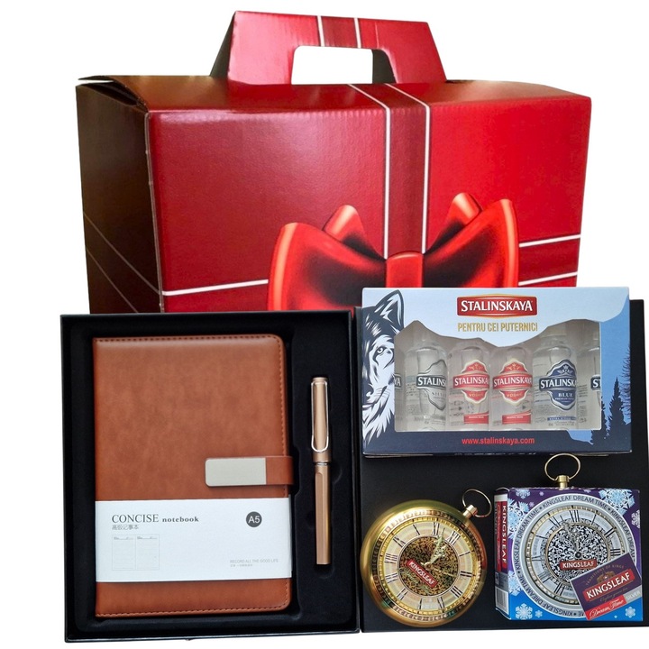Set cadou pentru barbati Office Men cu Stalinskaya Family Set, Balisur Dream Time Ceai, agenda Brown, pix, cutie decorativa