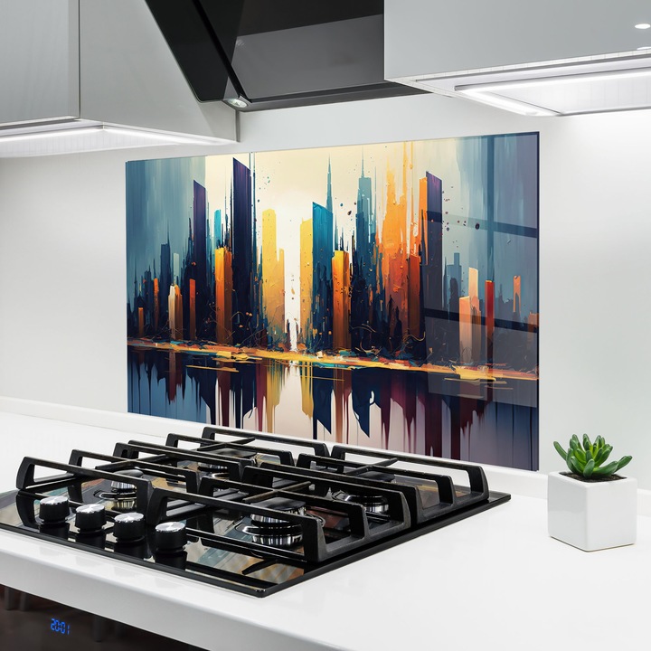 ARTHUB, Konyhai üveg hátfal 80x120 cm, 4 mm edzett, Védő gáz­tűzhely, Fröccsenésgátló, Hőálló, tájképek, városi, City Pain Art