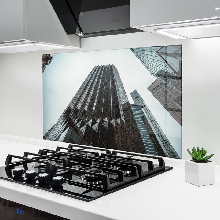 ARTHUB, Konyhai üveg hátfal 80x120 cm, 4 mm edzett, Védő gáz­tűzhely, Fröccsenésgátló, Hőálló, tájképek, városi, Cool Building View