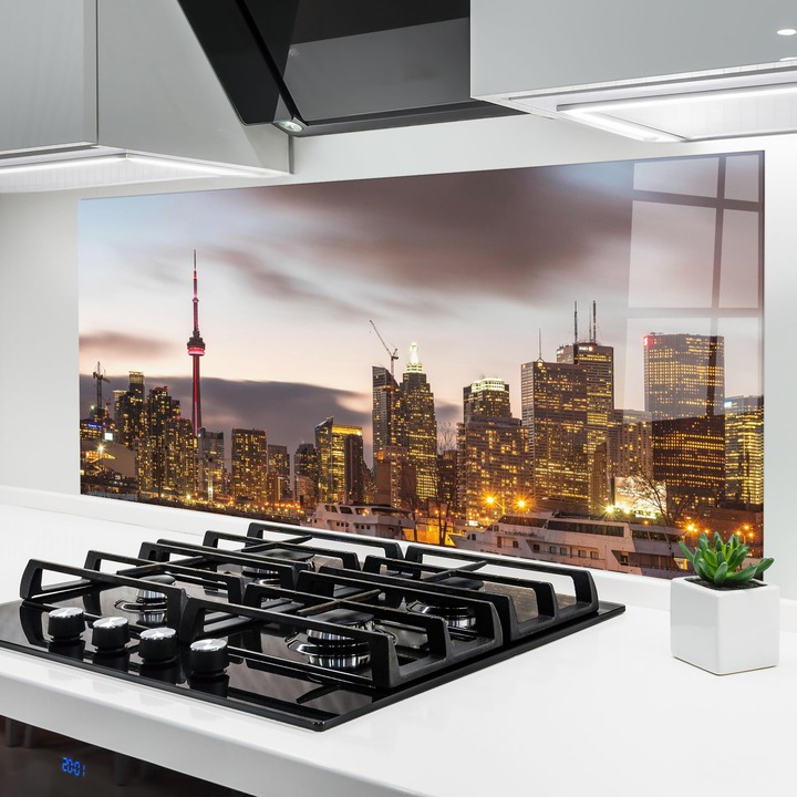 ARTHUB, Konyhai üveg hátfal 60x150 cm, 4 mm edzett, Védő gáz­tűzhely, Fröccsenésgátló, Hőálló, tájképek, városi, Gold Light City
