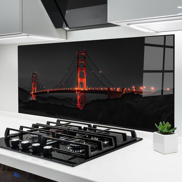 ARTHUB, Konyhai üveg hátfal 60x150 cm, 5 mm edzett, Védő gáz­tűzhely, Fröccsenésgátló, Hőálló, tájképek, városi, Golden Gate Bridge