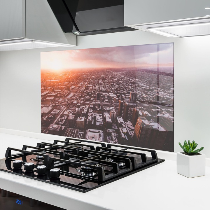 ARTHUB, Konyhai üveg hátfal 50x70 cm, 4 mm edzett, Védő gáz­tűzhely, Fröccsenésgátló, Hőálló, tájképek, városi, Sunrise Urban View