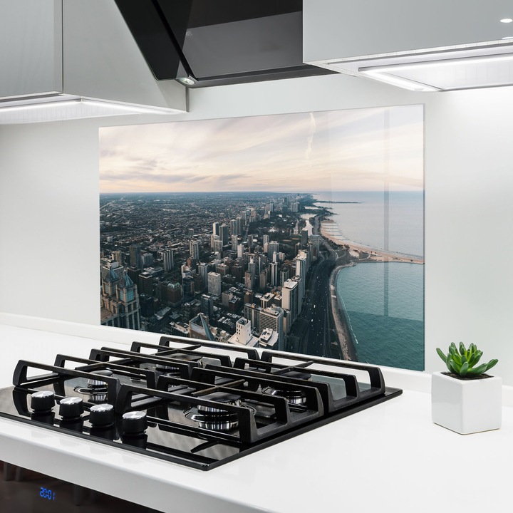 ARTHUB, Konyhai üveg hátfal 80x120 cm, 4 mm edzett, Védő gáz­tűzhely, Fröccsenésgátló, Hőálló, tájképek, városi, Water Buildings