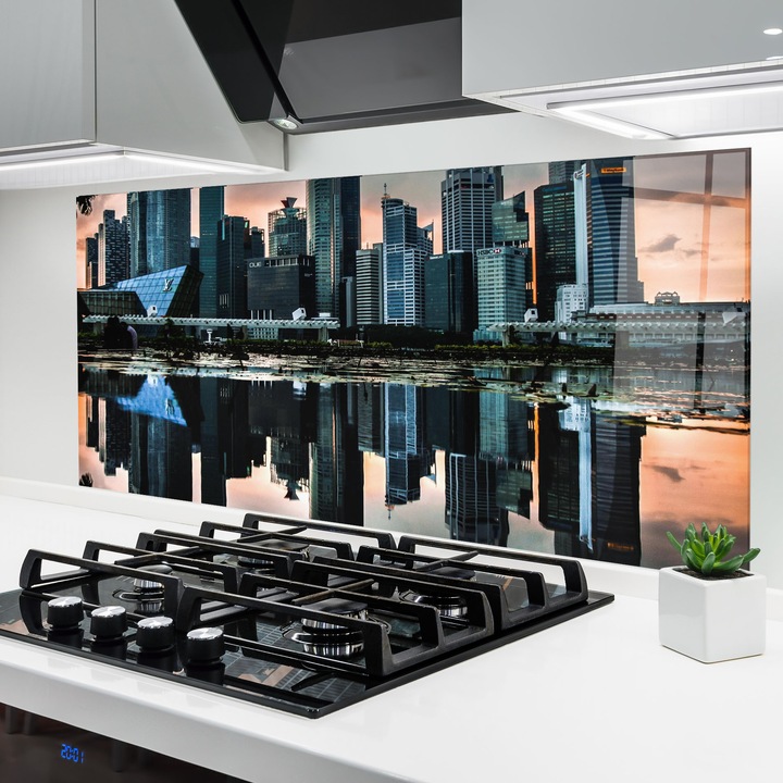 ARTHUB, Konyhai üveg hátfal 60x120 cm, 4 mm edzett, Védő gáz­tűzhely, Fröccsenésgátló, Hőálló, tájképek, városi, Urban Water Reflection