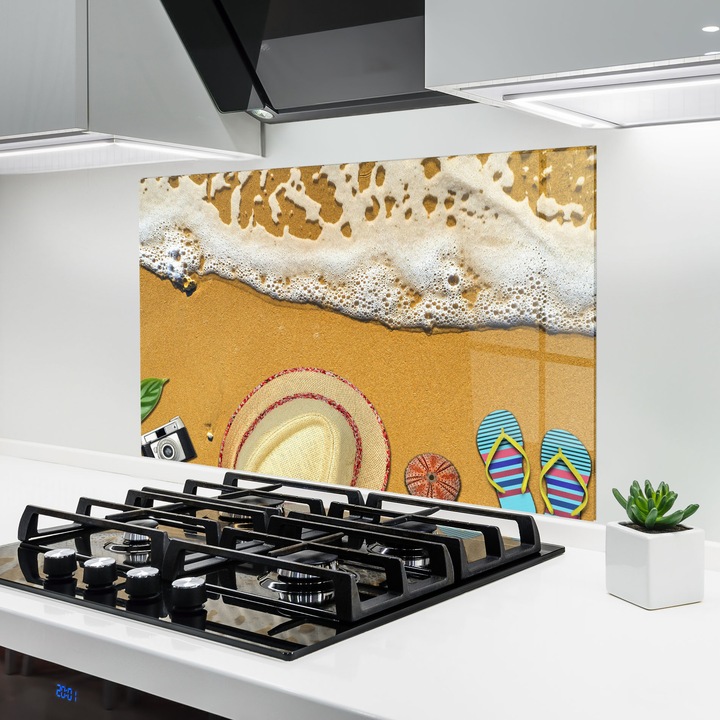 ARTHUB, Konyhai üveg hátfal 80x120 cm, 4 mm edzett, Védő gáz­tűzhely, Fröccsenésgátló, Hőálló, tájképek, nyár, Beach Accessories