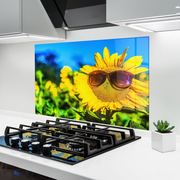 ARTHUB, Konyhai üveg hátfal 60x100 cm, 4 mm edzett, Védő gáz­tűzhely, Fröccsenésgátló, Hőálló, tájképek, nyár, Cloudy Sunflower Field