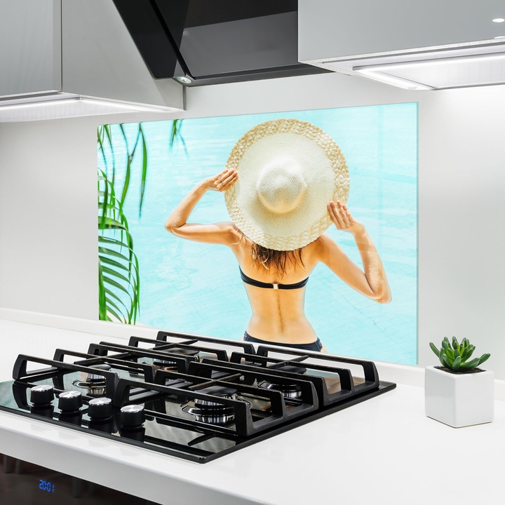 ARTHUB, Стъклен панел за кухня 50x70 cm, 5 мм закалено, Предпазител за газов котлон, Предпазител от пръски, Топлоустойчив, пейзажи, лято, Enjoying Swimming Pool