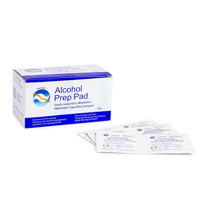 Haiyan tampoane dezinfectante 100 buc 65x30 mm, impregnate alcool izopropilic 70%, ideale pentru dezinfectarea pielii, igiena medicala, utilizare clinici, cabinete si acasa