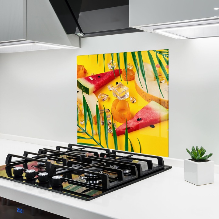 ARTHUB, Konyhai üveg hátfal 60x60 cm, 4 mm edzett, Védő gáz­tűzhely, Fröccsenésgátló, Hőálló, tájképek, nyár, Ice Cubes Fruits