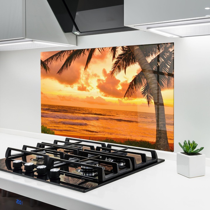 ARTHUB, Konyhai üveg hátfal 80x120 cm, 4 mm edzett, Védő gáz­tűzhely, Fröccsenésgátló, Hőálló, tájképek, nyár, Orange Sunset