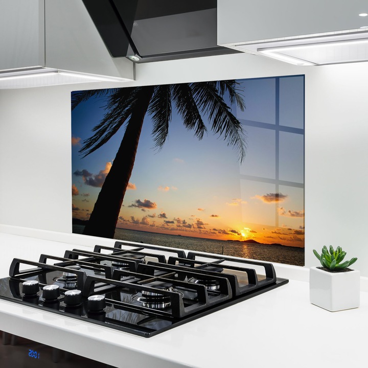 ARTHUB, Konyhai üveg hátfal 50x70 cm, 4 mm edzett, Védő gáz­tűzhely, Fröccsenésgátló, Hőálló, tájképek, nyár, Palm Tree Silhouette