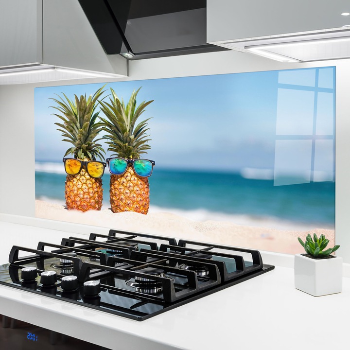 ARTHUB, Konyhai üveg hátfal 60x120 cm, 4 mm edzett, Védő gáz­tűzhely, Fröccsenésgátló, Hőálló, tájképek, nyár, Stylish Pineapples
