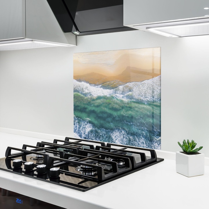 ARTHUB, Konyhai üveg hátfal 100x100 cm, 4 mm edzett, Védő gáz­tűzhely, Fröccsenésgátló, Hőálló, tájképek, nyár, Summer Wave