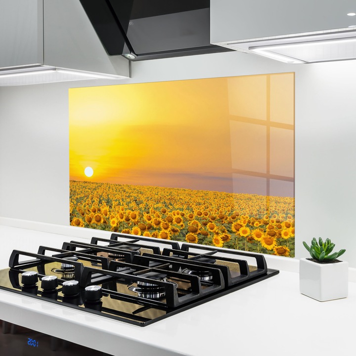 ARTHUB, Konyhai üveg hátfal 60x80 cm, 4 mm edzett, Védő gáz­tűzhely, Fröccsenésgátló, Hőálló, tájképek, nyár, Sunflower Field Sunset