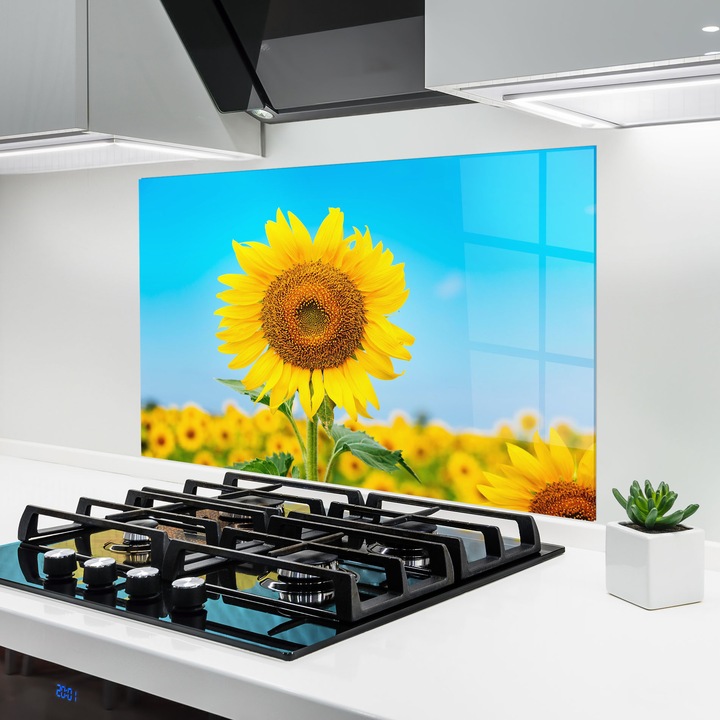 ARTHUB, Konyhai üveg hátfal 70x100 cm, 4 mm edzett, Védő gáz­tűzhely, Fröccsenésgátló, Hőálló, tájképek, nyár, Sunflower Field