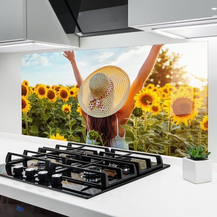 ARTHUB, Konyhai üveg hátfal 60x120 cm, 4 mm edzett, Védő gáz­tűzhely, Fröccsenésgátló, Hőálló, tájképek, nyár, Sunflower Woman Field