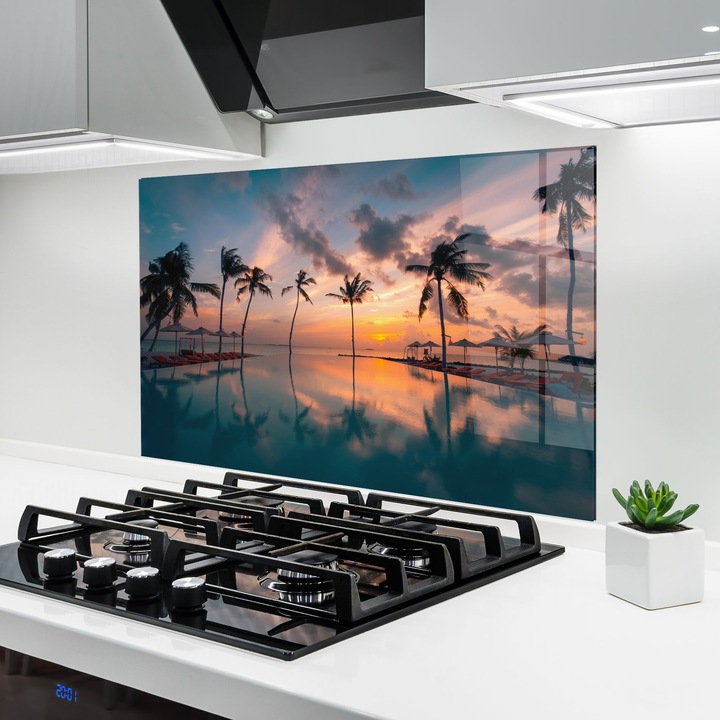 ARTHUB, Konyhai üveg hátfal 70x100 cm, 4 mm edzett, Védő gáz­tűzhely, Fröccsenésgátló, Hőálló, tájképek, nyár, Tropical Beach