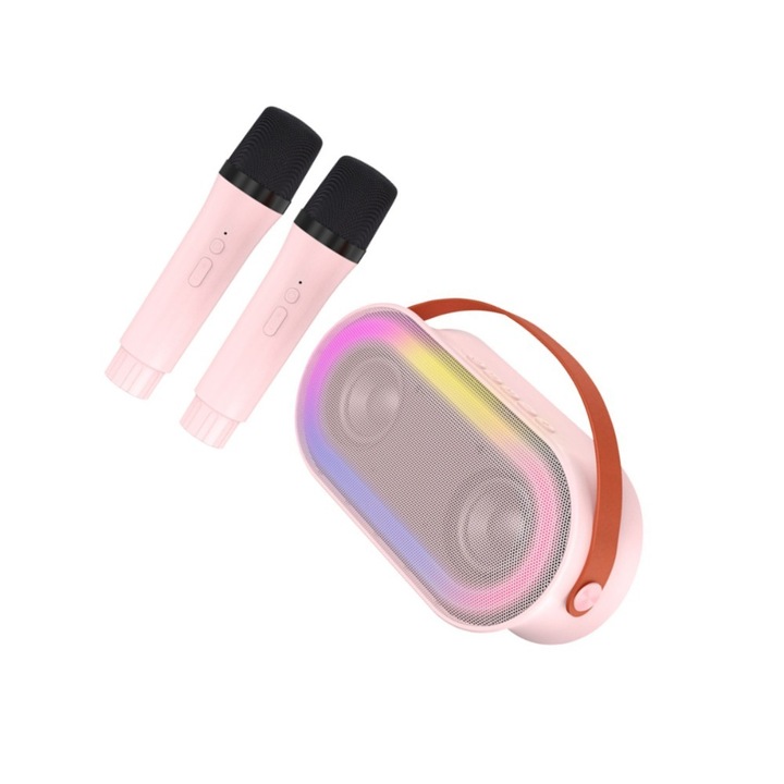 2 db karaoke mikrofon gyerekeknek és felnőtteknek hordozható hangszóróval, vezeték nélküli, LED-es fények, Bluetooth 5.3, 3000mAh, ABS, tiszta hangminőség, ultra hosszú akkumulátor-élettartam, hordozható kompatibilitás, széles körben használt, rózsaszín