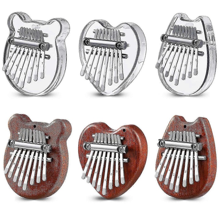Set 6 Mini Kalimba, 8 Chei, Forme Dragute, Culoare Lemn + Transparent, Dimensiune Compacta