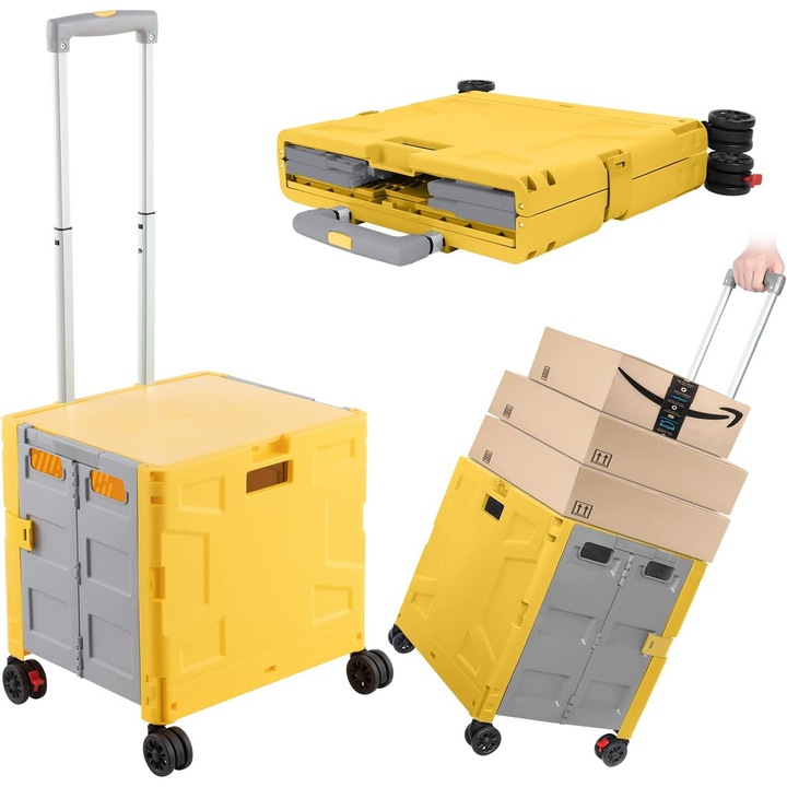 Carucior de cumparaturi portabil XINMENG pliabil, galben, 17,32x15,75x3,35 inci, maner telescopic, roti pivotante