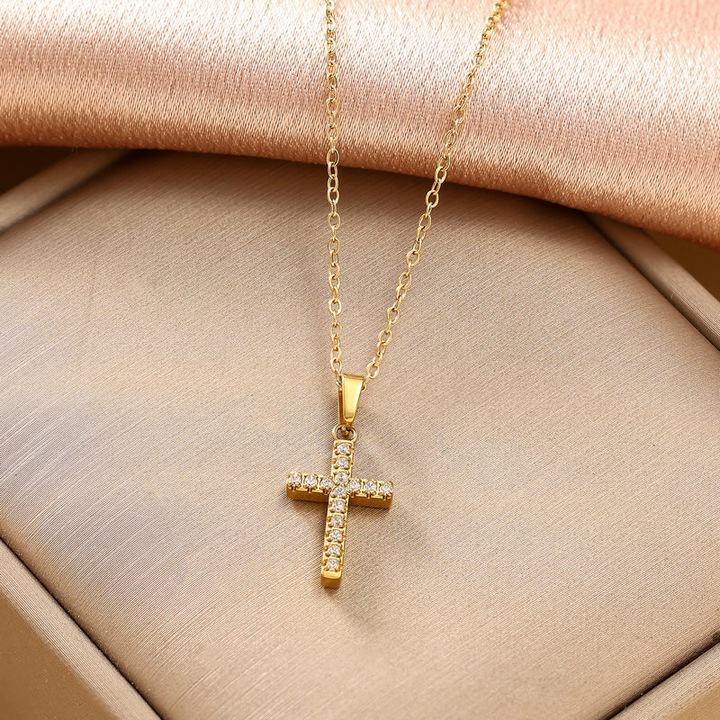 Colier cu pandantiv cruce, cubic zirconia, 50cm, inox