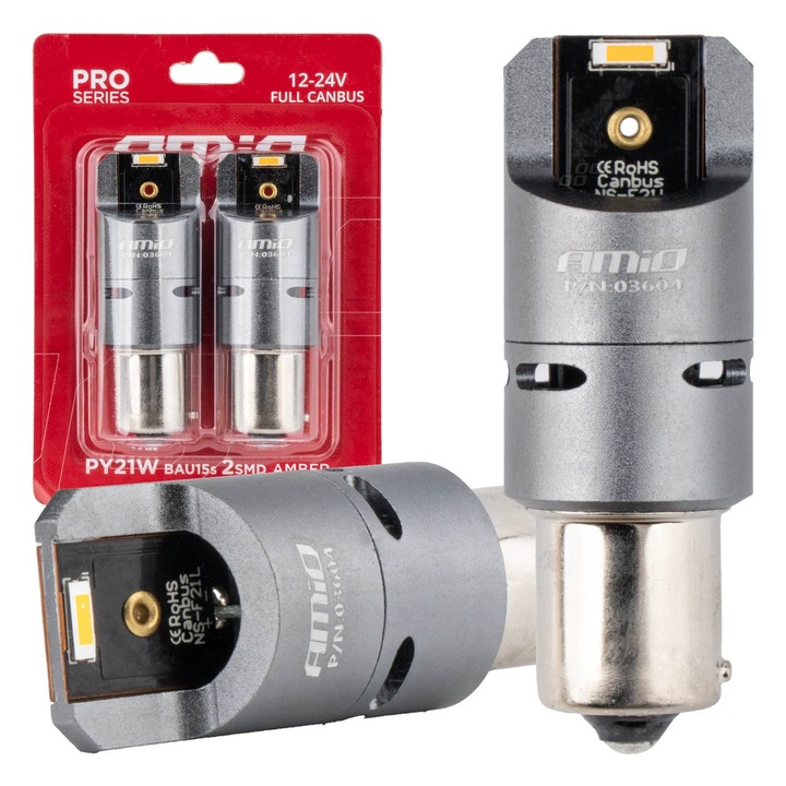 Becuri auto AMIO PY21W BAU15s 12/24V 6000K 2xSMD LED set 2 bucati portocalii