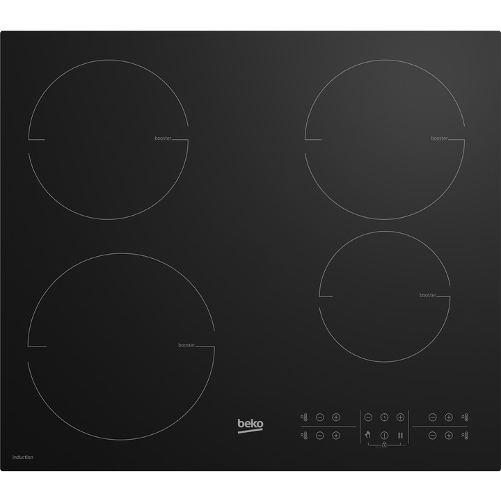 Beko HII64200RT Beépített főzőlap, Indukciós, 4 főzőzóna, 9 teljesítményszint, Booster, Gyerekzár, Időzítő, Automatikus kikapcsolás, Fekete