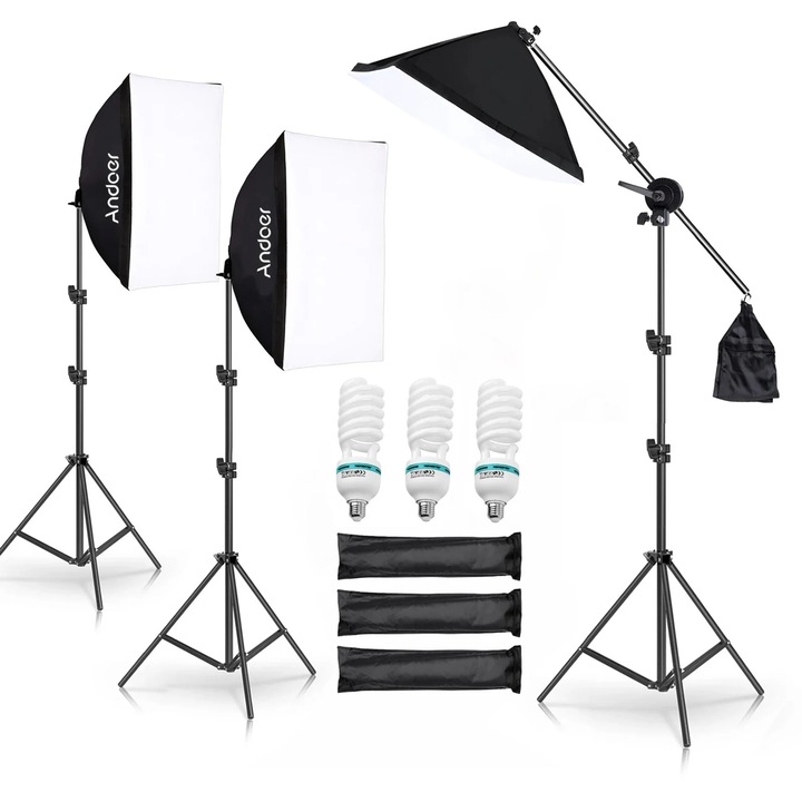 Kit de iluminare de studio, becuri LED de 135 W, softbox 50 x 70 cm, stative de lumina de 2 m, brat extensibil, negru