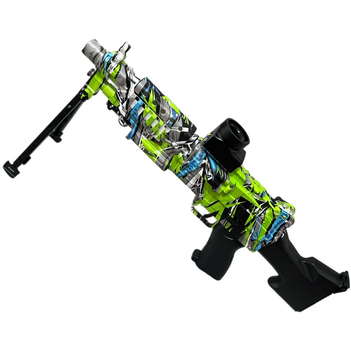 Pusca electrica M249 pentru copii/adolescenti, 62 cm, bile gel + acumulator + accesorii (model compact)