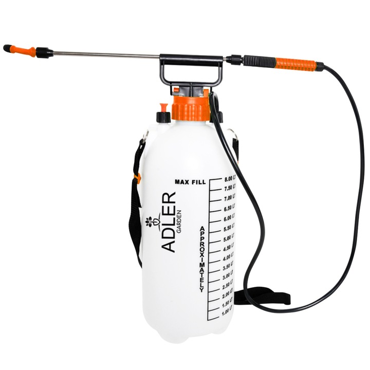 Pulverizator Manual Cu Presiune 8L Cu Lance De 82 cm, Adler, Ad6809, 8 Litri, Presiune Pana La 2.5 Bar, Cursa Piston 22 cm, Lance 82 cm, 82 x 125 cm, Multicolor