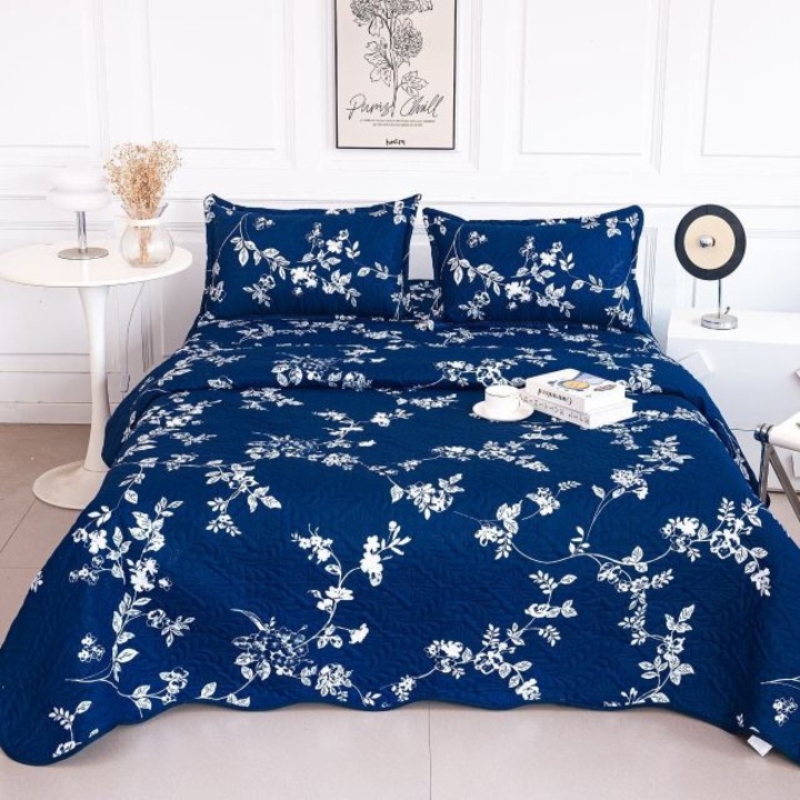 Set lenjerie de pat, Casa de Vis, 3 Piese, Albastru/Alb, 220x240cm/50x70cm