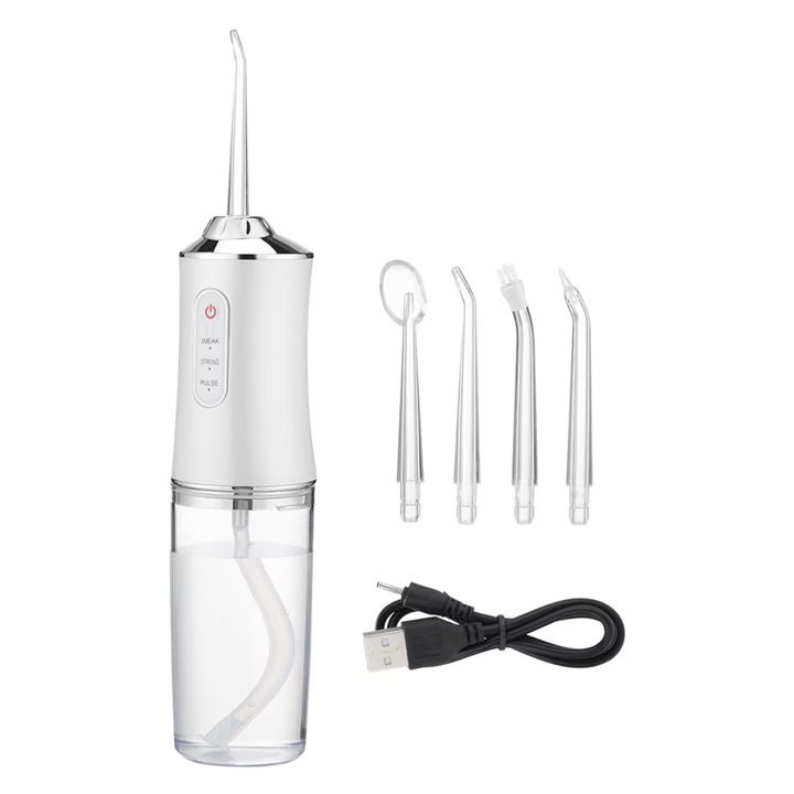DentaFresh USB hordozható szájöblítő, 4 tisztítófejjel, 220 ml, fehér