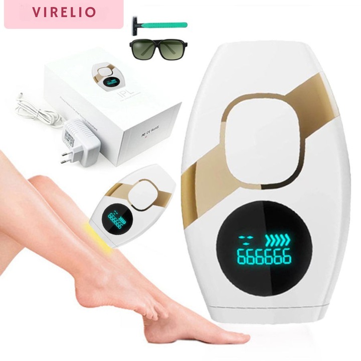 Epilator IPL VIRELIO Pentru Epilare Definitiva Fara Durere, Tehnologie IPL, 5 Trepte utilizare pentru intregul corp si fata, alimentare la retea 220–240V, carcasa ABS, culoare alba”