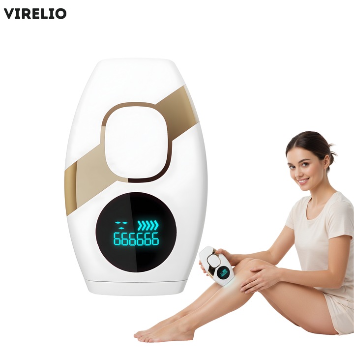 Епилатор IPL VIRELIO JDK-993, технология с интензивна импулсна светлина 400–1200 nm, използване върху влажна кожа, за цялото тяло и лице, захранване от мрежата 100–240V, корпус от ABS, бял цвят