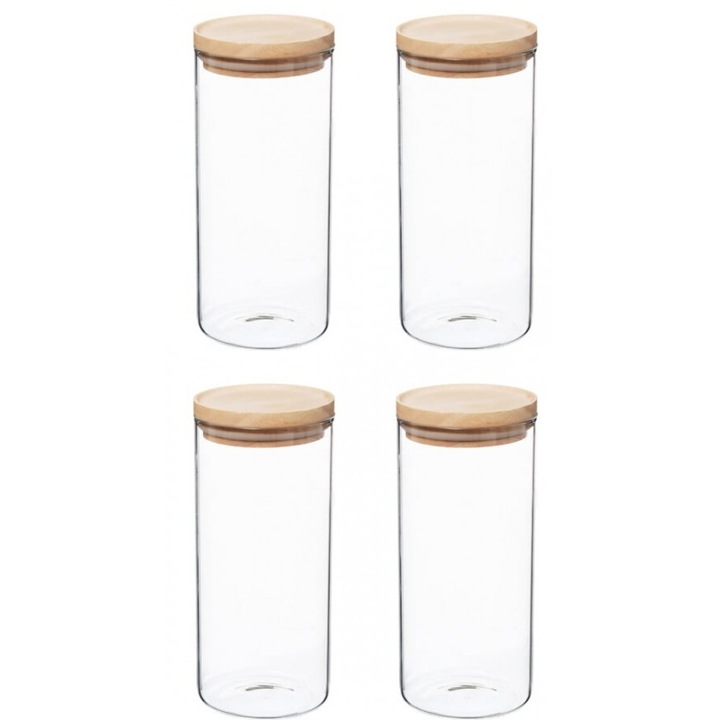 Set 4 Recipiente 5Five Woods, 1300 ml, sticla borosilicata, capac lemn arbore de cauciuc, 10 x H 22 cm