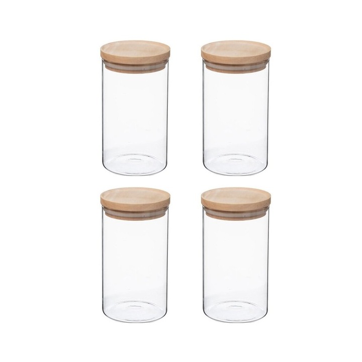 Set 4 Recipiente 5Five Woods, 1000 ml, sticla borosilicata, capac lemn arbore de cauciuc, 10 x H18 cm