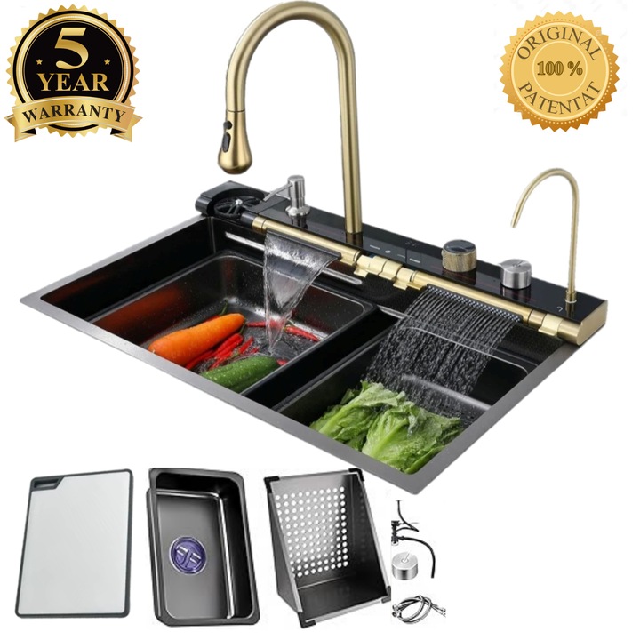 Set chiuveta bucatarie, Milmatt, multifunctionala, cu afisaj led, baterie cu dus extractibil, 2 cascade, dispozitiv spalare pahare, dozator sapun, robinet apa purificata, otel inoxidabil 3 mm, culoare negru cu auriu, 750x460 mm