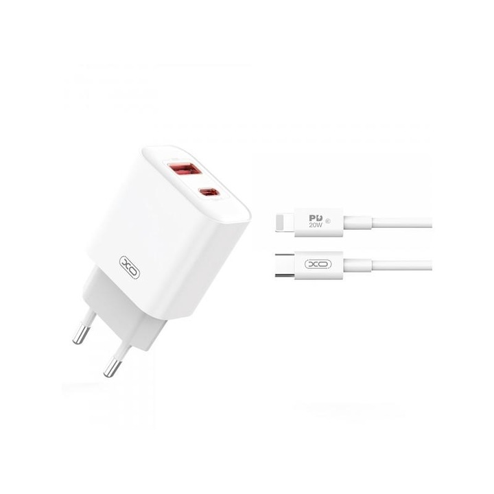 Incarcator Retea Cu Cablu Lightning XO Design CE12 20W 3A 1 x USB-A - 1 x USB-C Alb