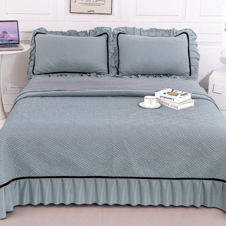 Set cuvertura, Casa de Vis Online, matslasata, tip catifea, 3 piese, gri, 220 x 240 cm, CC-50