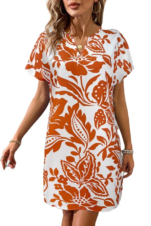 Rochie lejera de vara, print floral, maneci scurte, alb cu portocaliu, marimea S