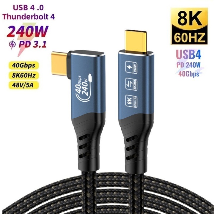 Sugxia® USB4 kábel, USB-C 90°-os (L-alakú) csatlakozóval, 40Gbps, 240W PD3.1, 5A, 8K 60Hz videó, fonott nejlon kábel, Thunderbolt 3/4 kompatibilis – iPhone 16, MacBook, SSD, Laptop, Monitor, Dock, 1.5m