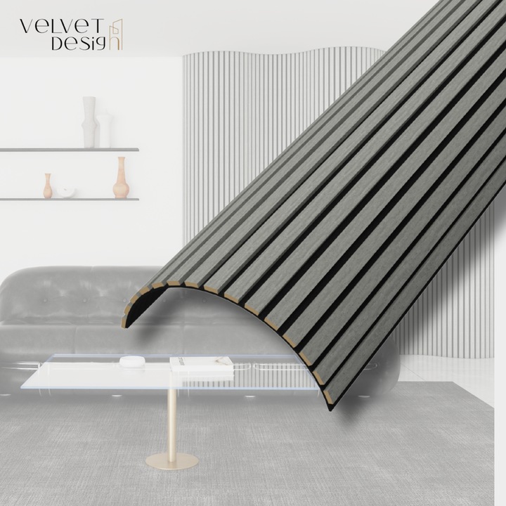 Riflaj decorativ Flexenza, panou acustic flexibil din lamele MDF cu furnir natural si fetru PET, culoare Gri Nordic, 2400 x 600 x 14 mm, 1.44 mp suprafata acoperita, atenuare zgomot 80% (NRC 0.8), Velvet Design