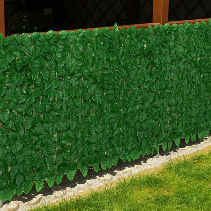 Paravan imitatie gard viu din frunze artificiale cu dimensiunea 1 metru x 10 metri KESNUP, pentru exterior si interior, compus din 4 seturi cu 10 panouri 0.5 m x 0.5 m cu cleme autoblocante, usor de asamblat, densitate frunze mare pentru intimitate, Verde