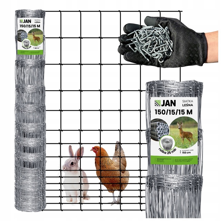 Plasa De Gard Forestier, ZPH JAN, 150/15/25 m, 150 cmx15 cmx25 m, Zincata, Rezistenta La Conditii Atmosferice, Diametru Sarmei 2.5 mm Si 2 mm, Inaltime 150 cm, Argintie