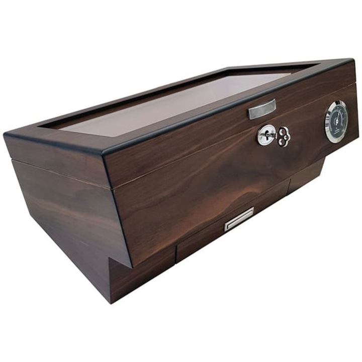 Umidificator din cedru cu design modern, pentru până la 50 de trabucuri, cu hidrometru și umidificator