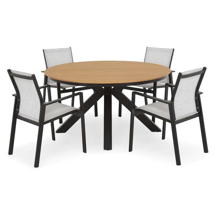 Set mobilier gradină Maison Mex BAHIA/BARIA, 4 scaune, masă rotundă, negru/natur, 75x140cm, 56.5x62x86cm